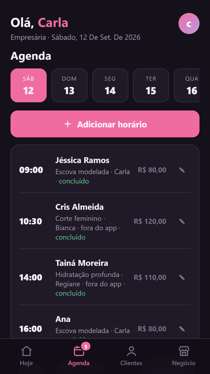 Agenda da semana com horários do app e do WhatsApp