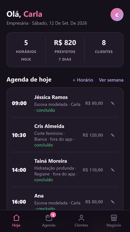 Tela Hoje do painel da empresária no app da dela: horários do dia, previsto de 7 dias e clientes